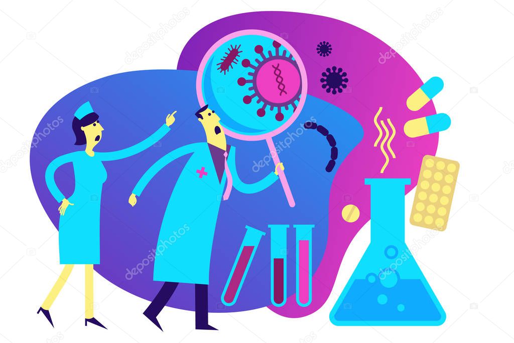 Flat medical illustration on the theme of the epidemic: a doctor and a nurse looking at the virus through a magnifying glass, medicines, tablets, pills, tests, flask. Doctors found a virus in the tests and are looking for a cure for the disease.