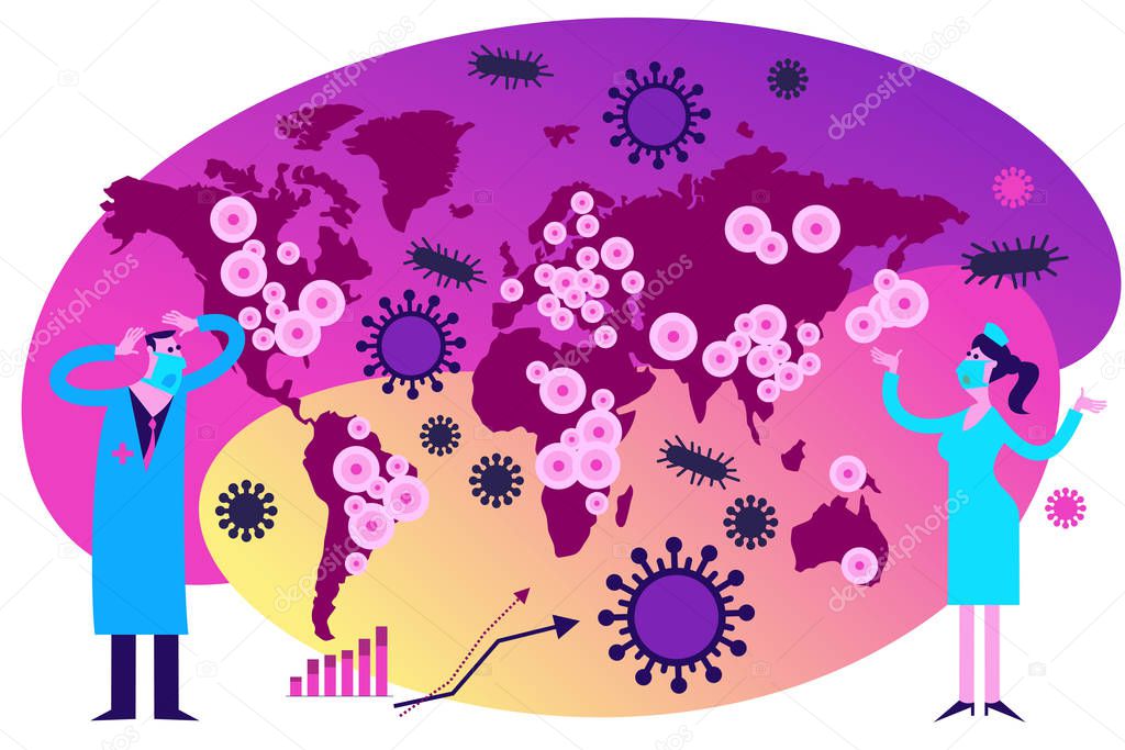 Flat medical illustration on the theme of the epidemic: a doctor and a nurse holding their heads, looking at the map of the world with the centers of the epidemic.