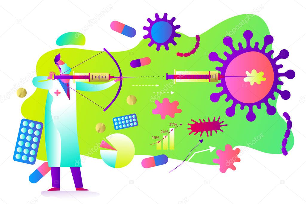 Flat medical illustration on the theme of the epidemic: the doctor aims a syringe at the virus. Medicine defeats disease and epidemic.