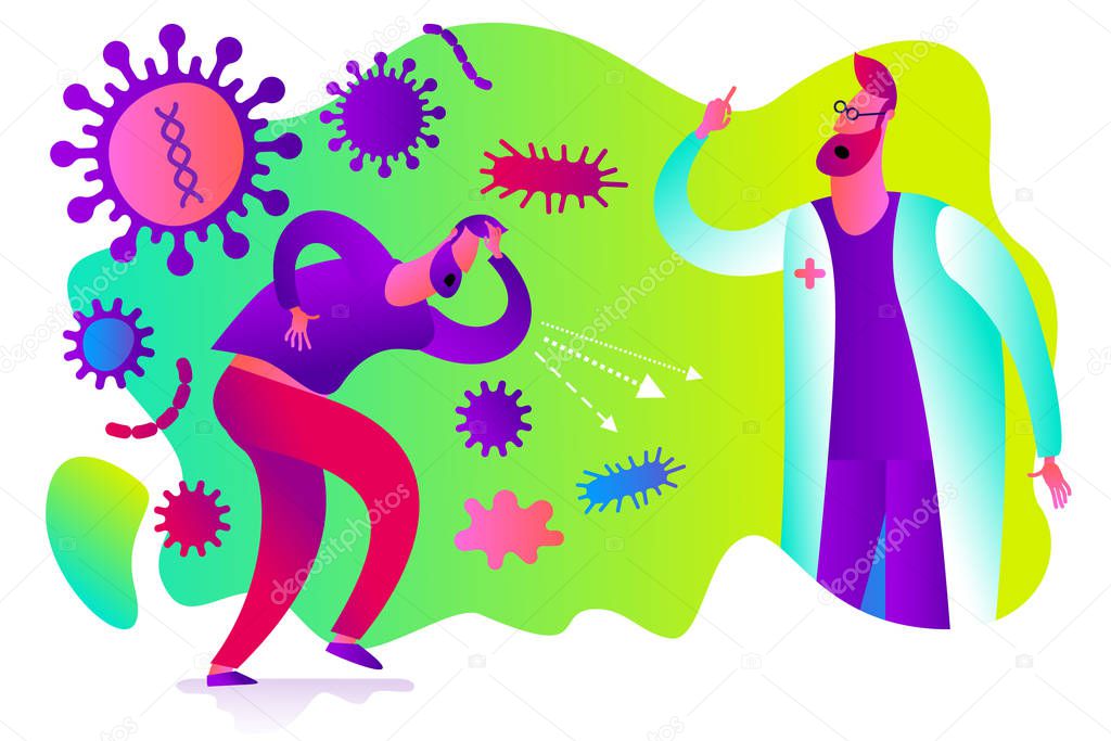 Flat medical illustration on the theme of the epidemic: a male doctor talking about the disease, preventing the disease, raising his finger up 