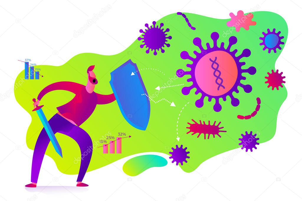 Flat medical illustration on the theme of the epidemic: a man with a shield and a sword protects the body from a viral disease. Immune system.