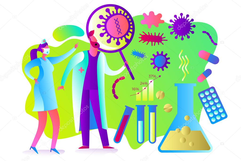 Flat medical illustration on the theme of the epidemic: a doctor and a nurse looking at the virus through a magnifying glass, medicines, tablets, pills, tests, flask. Doctors found a virus in the tests and are looking for a cure for the disease.