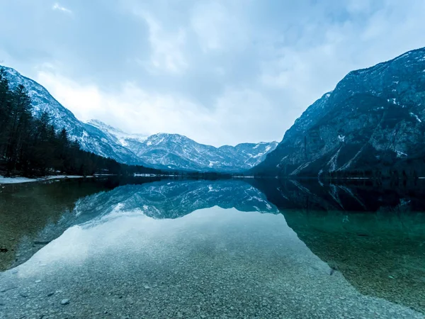 Θέα στη λίμνη Bohinj χειμώνα με αντανάκλαση — Φωτογραφία Αρχείου