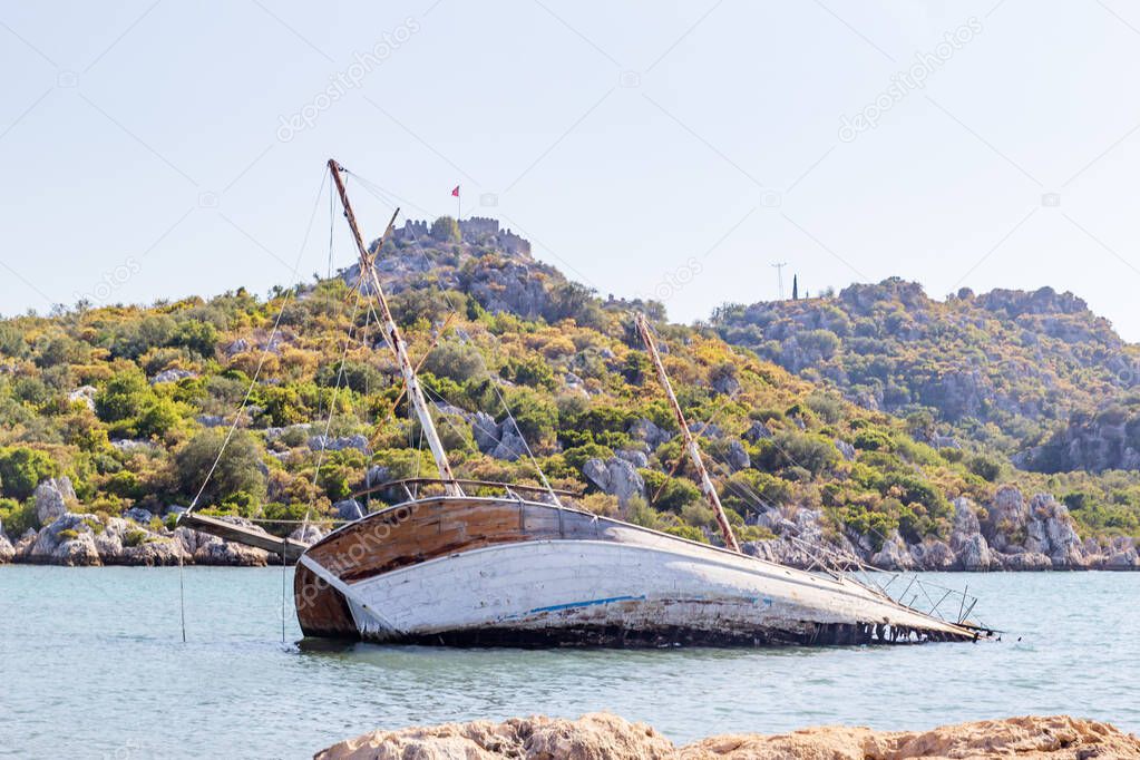 Wrecked ship on the shallow, sailboat, mediterranean sea, Turkey