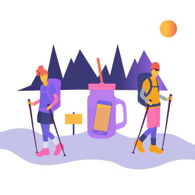 Dijital detoks. Bir adam ve bir kadın akıllı telefondan çıkıyorlar..