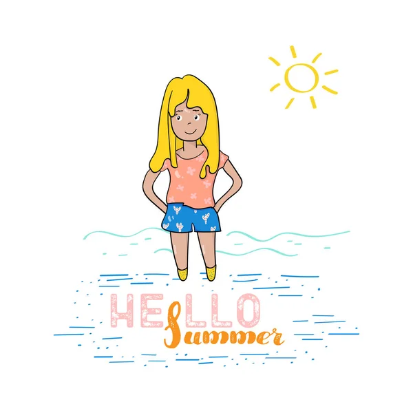 可爱的夏季海滩女孩。你好，夏天的口号。T恤衫、明信片和印刷品的矢量图解. — 图库矢量图片