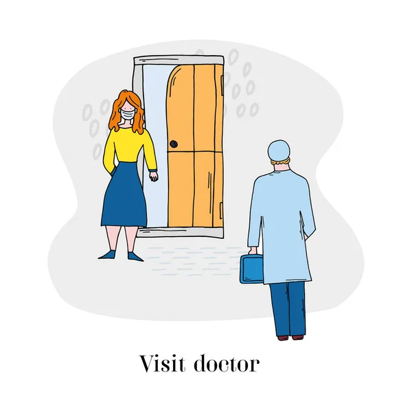 Βοήθεια με τον κορωνοϊό ο γιατρός έρχεται στο σπίτι του ασθενούς. Novel coronavirus 2019 nCoV vector concept. Μια γυναίκα περιμένει τον γιατρό στην πόρτα.. — Διανυσματικό Αρχείο