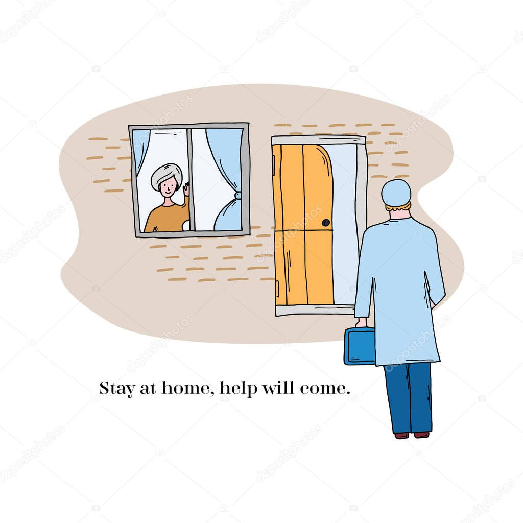 Help with coronavirus the doctor comes to the Elderly patient home. Novel coronavirus 2019 nCoV vector concept. A grandmother is waiting for the doctor at the door.