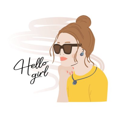 Son moda güneş gözlüğü posterindeki kız. Hipster yaz kızı. Web ve baskı için tipografi sanat tasarımı.