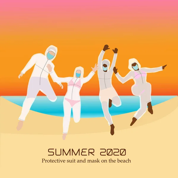 身穿泳衣和防护服，戴着医疗面具的年轻人。在2020年隔离后的夏季周末假期在海滩上。幽默平面矢量概念. — 图库矢量图片