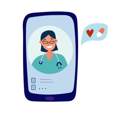 Sanal doktor el çizimi vektör çizimi. Online tanı ve reçete için doktoru arayın. Mobil danışma, akıllı tıbbi asistan. Doktor çizgi filmi vektör baskısı..