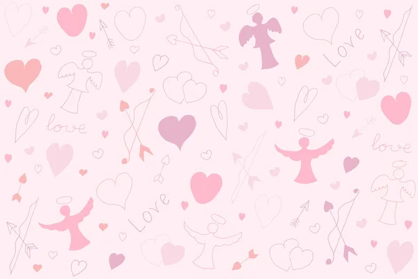 ピンクのハートパターン ピンクの背景にハートとキューピッドの人形のイラスト — ストック写真
