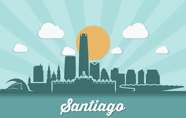 Santiago skyline dengan matahari kuning - Stok Vektor