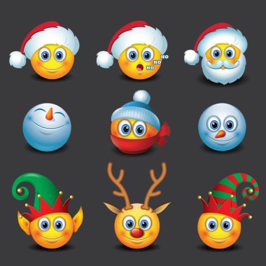 Noel ifadeler - kış emoji - gülen - vektör çizim seti
