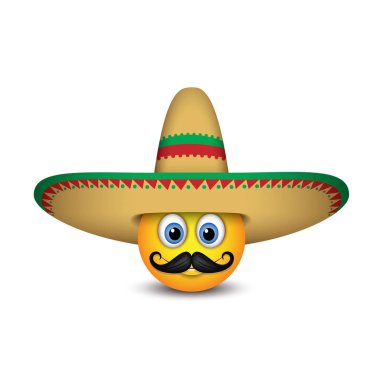 Bıyıklı fötr şapka - emoji, gülen - vektör çizim giyen sevimli Meksika ifade