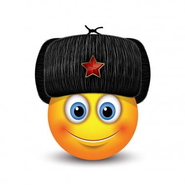 Rus siyah kürk şapka - ushanka - kırmızı yıldızla - emoji, gülen - vektör çizim giyen sevimli ifade