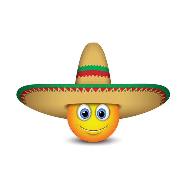 ソンブレロ帽子 絵文字スマイリー ベクトル図を身に着けている口髭のメキシコ顔文字かわいい — ストックベクタ