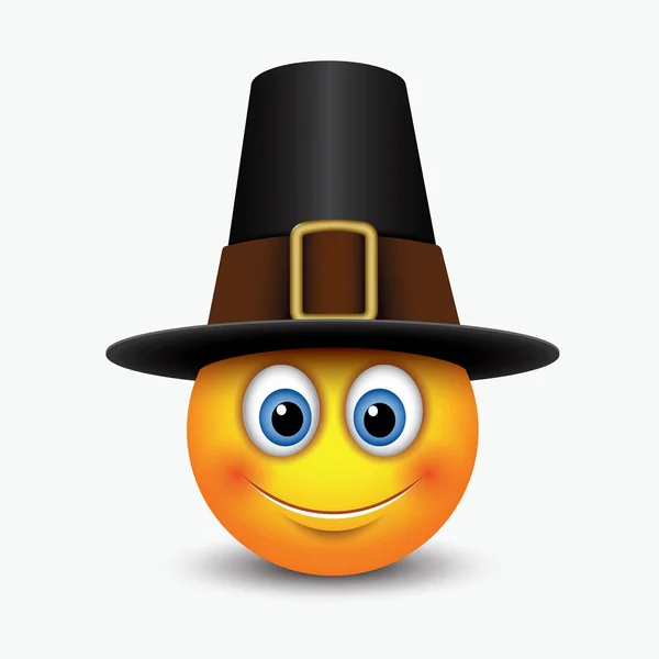 Emoticono Lindo Acción Gracias Con Sombrero Peregrino Emoji Smiley Ilustración — Vector de stock