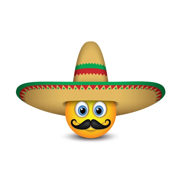 Émoticône Mexicain Mignon Avec Moustache Portant Chapeau Sombrero Emoji Smiley — Image vectorielle