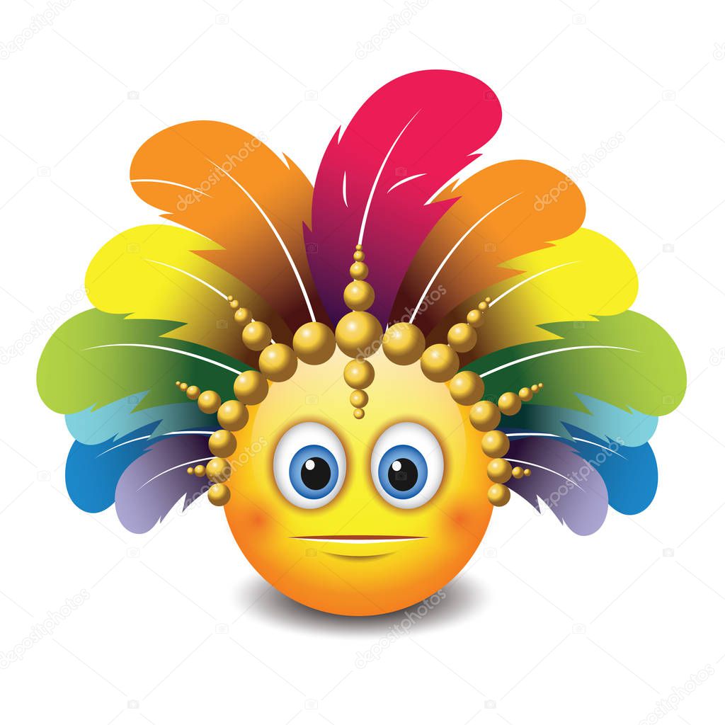 Cute emoticon in brazilian carnival hat with feather