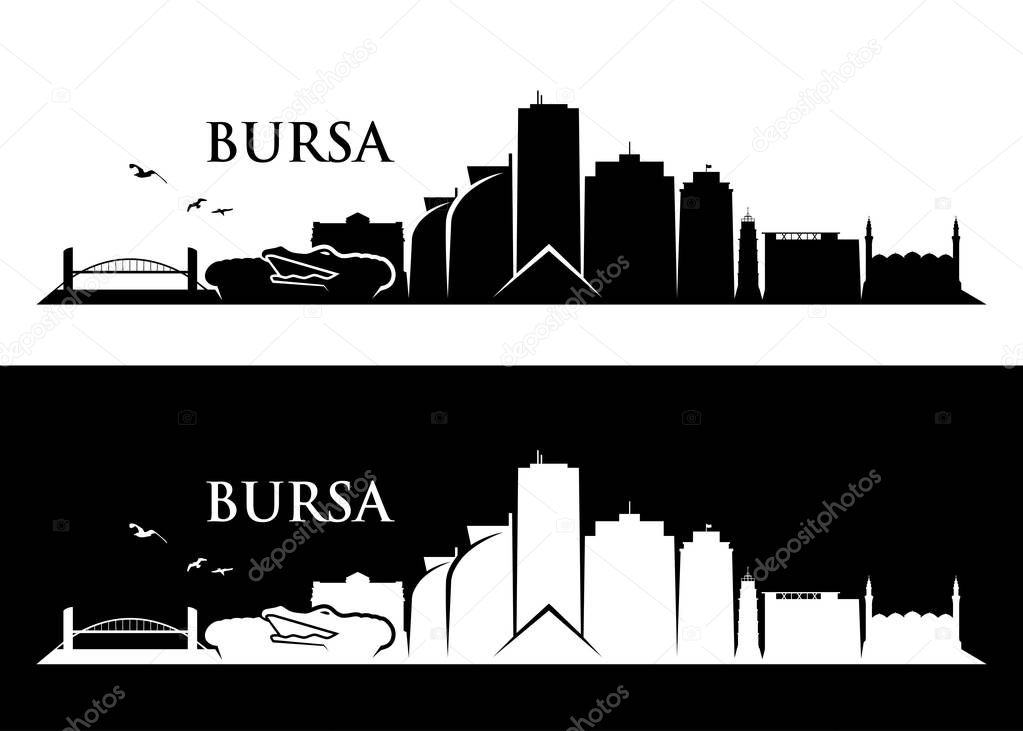 Silhouettes of architectural landmarks on skyline, Bursa