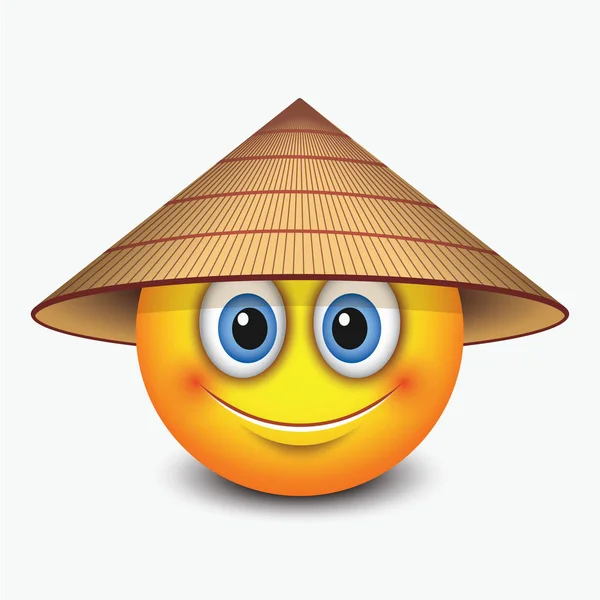 Carino Emoticon Nel Tradizionale Cappello Asiatico — Vettoriale Stock
