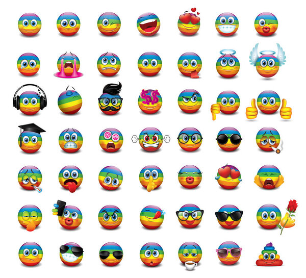 Set of cute rainbow emoticons with different expressions.