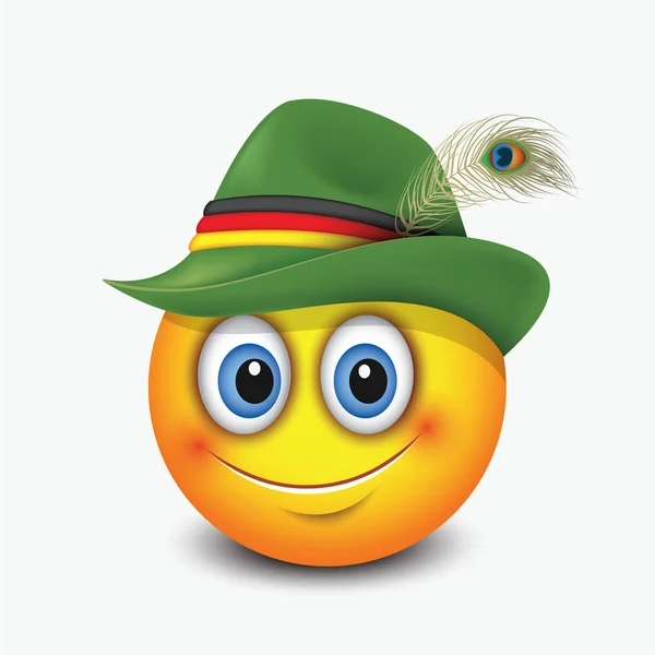 Carino Emoticon Cappello Tirolese Verde Con Piuma Pavone — Vettoriale Stock