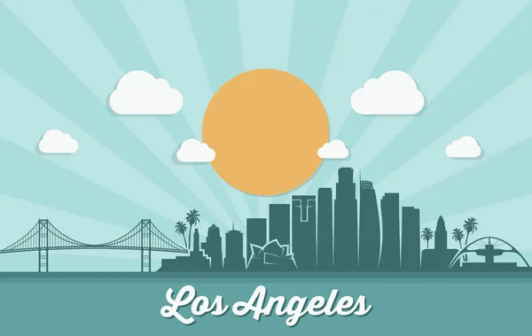 Πόλη Λος Άντζελες Φόντο Κτίρια Γέφυρα Χλωρίδα Και Φόντο Ηλιοβασίλεμα — Διανυσματικό Αρχείο