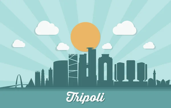 Tripoli Stad Achtergrond Met Gebouwen Brug Zonsondergang Achtergrond — Stockvector