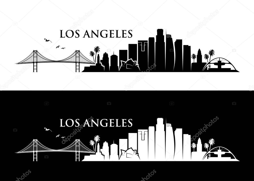 Los Angeles City backgrounds in day and night with buildings, bridge and trees