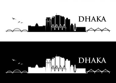 Dhaka şehir arka plan binalar, köprü ve beyaz arka plan üzerinde izole yazı ile