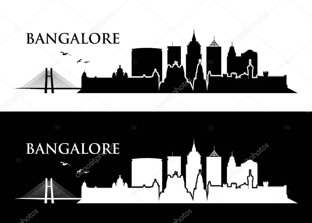 Bangalore city background with buildings, bridge and lettering isolated on white background