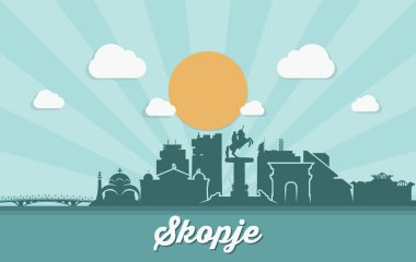 Skopjecity şehir arka plan binalar, köprü ve beyaz arka plan üzerinde izole yazı ile