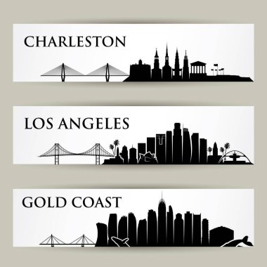Afiş ve mimari yerler siluetleri ile manzarası, Charleston, Los Angeles, Gold Coast ayarla.