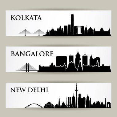 Afiş kümesiyle siluetleri yerlerinden mimari Tarih manzarası, Kalküta, Bangalore, Yeni Delhi