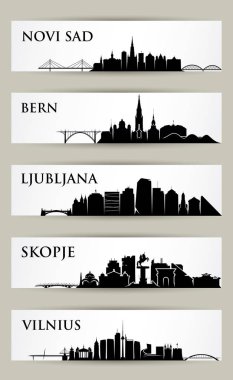 Afiş ve mimari yerler siluetleri ile manzarası, Novi Sad, Bern, Ljubljana, Skopje, Vilnius ayarla.