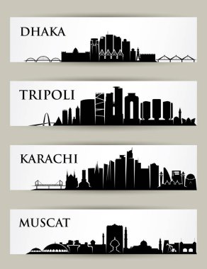 Afiş kümesi mimari yerler üzerinde manzarası, Dhaka, Trablus, Karaçi, Muscat siluetleri ile