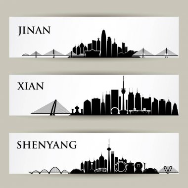 Jinan, Xian, Shenyang mimari tarihi yerler manzarası üzerinde siluetleri afiş kümesiyle