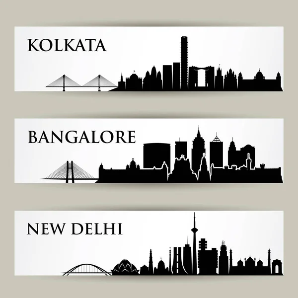 Meghatározott Bannerek Sziluettek Építészeti Tereptárgyak Skyline Delhi Kolkata Bangalore — Stock Vector