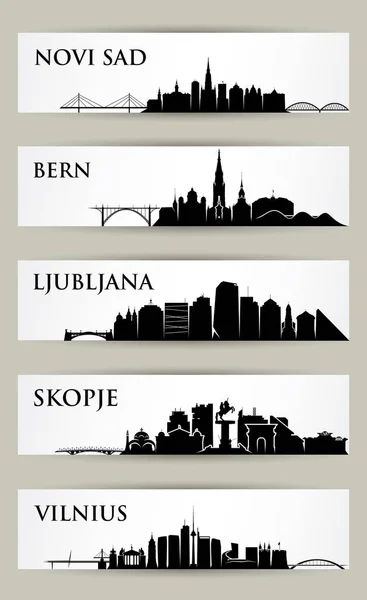 Set Banner Con Sagome Punti Riferimento Architettonici Sullo Skyline Novi — Vettoriale Stock