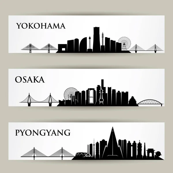 Uppsättning Banners Med Silhuetter Arkitektoniska Landmärken Skyline Yokohama Osaka Pyongyang — Stock vektor