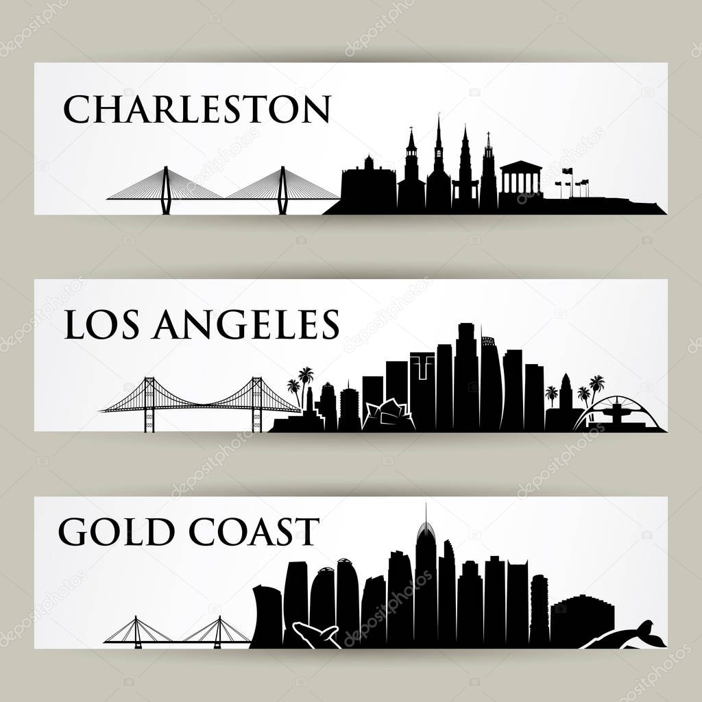Set of banners with silhouettes of architectural landmarks on skyline, Charleston, Los Angeles, Gold Coast