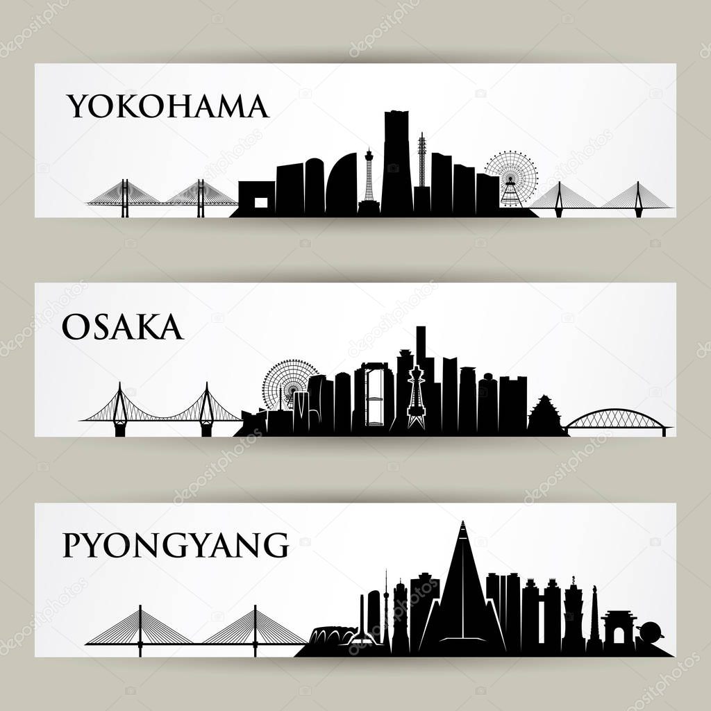 Set of banners with silhouettes of architectural landmarks on skyline, Yokohama, Osaka, Pyongyang
