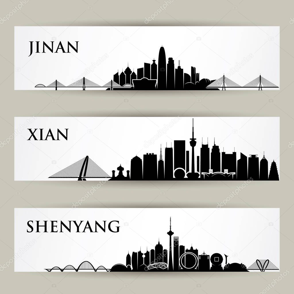 Set of banners with silhouettes of architectural landmarks on skyline, Jinan, Xian, Shenyang