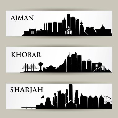 Orta Doğu şehir silueti, Ajman, Khobar, Shajrah, Uae, Birleşik Arap Emirlikleri, Suudi Arabistan, illüstrasyon vektör