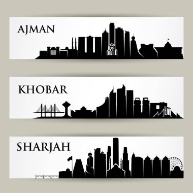 Middle East city skylines, Ajman, Khobar, Shajrah, UAE, United Arab Emirates, Saudi Arabia, vector illustration clipart