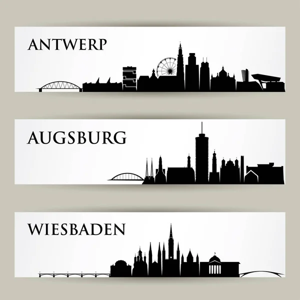 City Skylines Antwerp Augsburg Wiesbaden Vector Illustration — Stock Vector