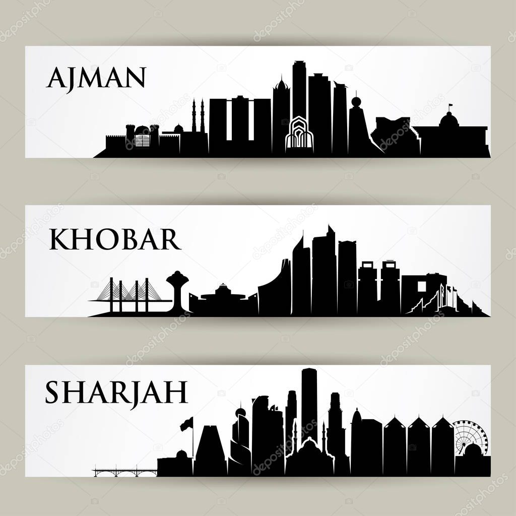 Middle East city skylines, Ajman, Khobar, Shajrah, UAE, United Arab Emirates, Saudi Arabia, vector illustration