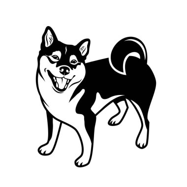 Beyaz arka planda tam boy minimalist logoyla Şirin Shiba Inu izole edilmiş.